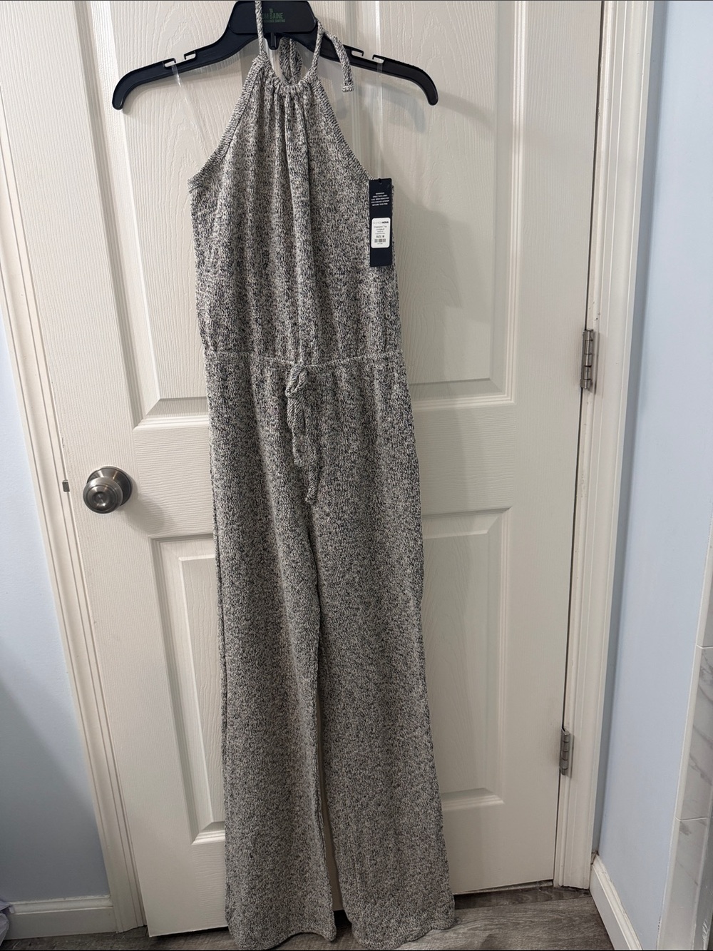 Fashion Nova NWT Black and Cream Halter Knit Tie Front Waist Wide Leg Jumpsuit